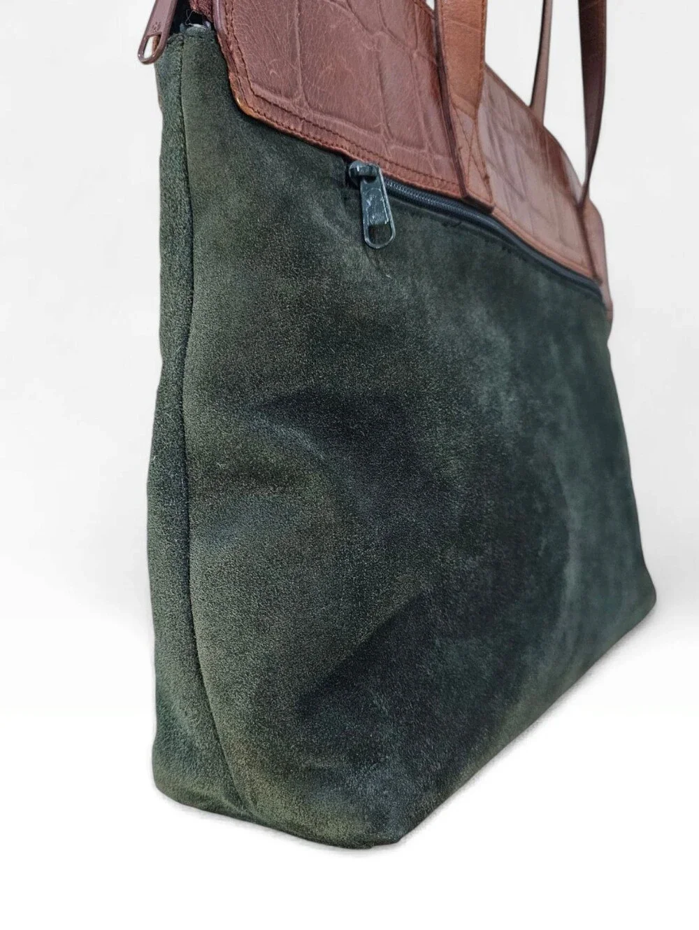 Vtg VALERIE STEVENS Green Suede Brown Croc Embossed Leather Zip Work Tote
